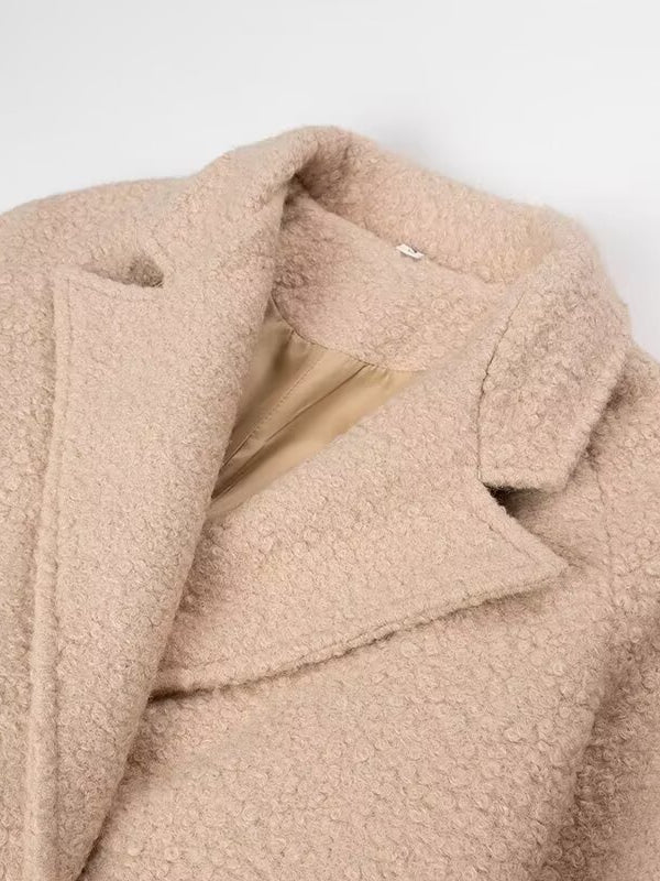 Langry double breasted beige teddy bear woolen overcoat with fur texture