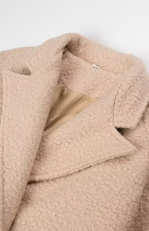 Langry double breasted beige teddy bear woolen overcoat with fur texture