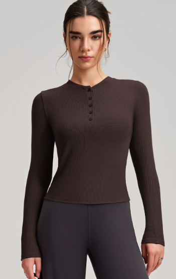 Sleek dark brown ribbed langry fashion top for yoga