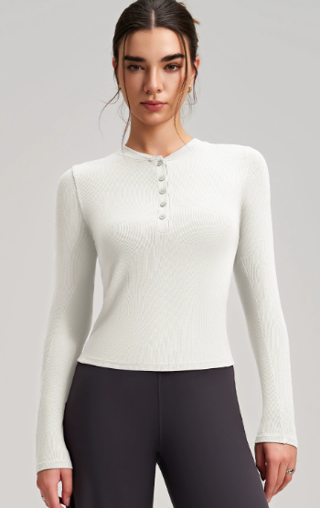 Cream langry fashion top: ribbed knit yoga long-sleeved blouse