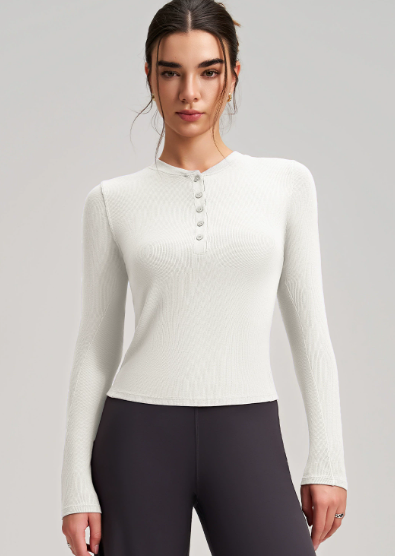 Cream langry fashion top: ribbed knit yoga long-sleeved blouse