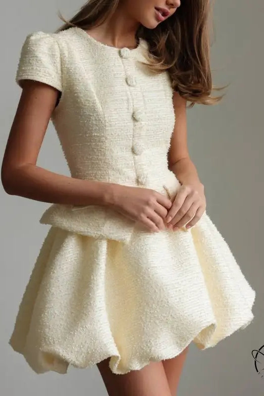Enchanting short sleeve cream boucle dress with button front and flared skirt