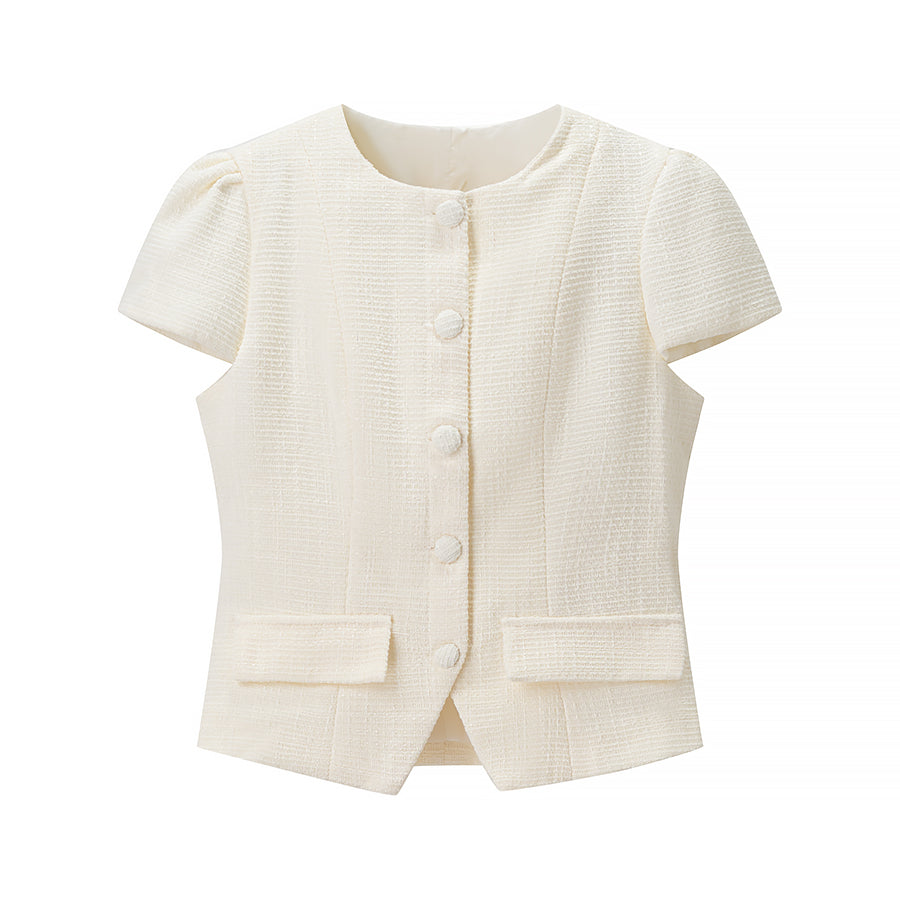 Cream textured short sleeve bud cardigan with button closure and pocket detail