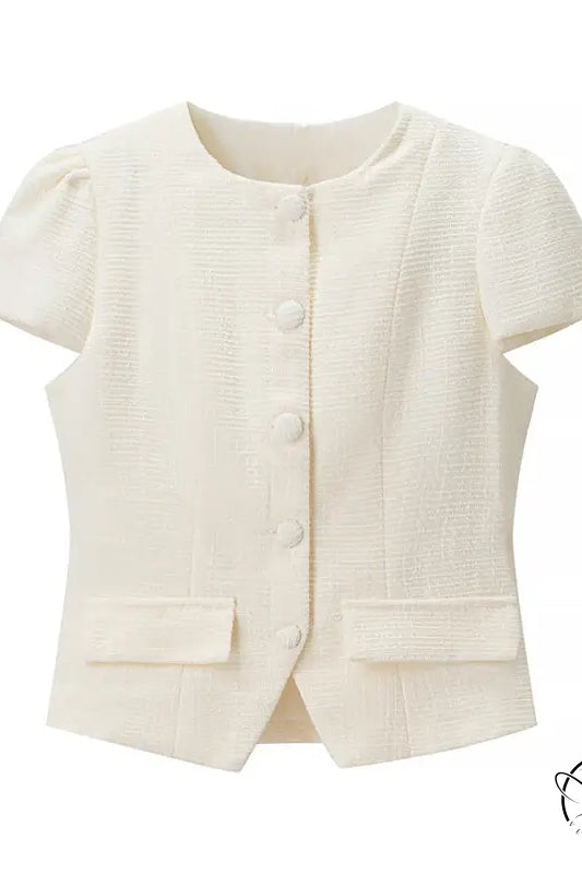 Enchanting short sleeve bud cream textured cardigan with buttons and pocket