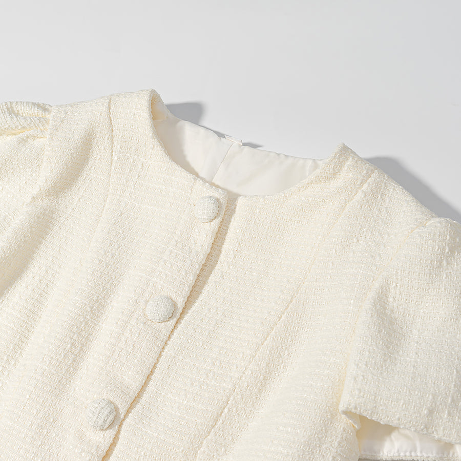 Cream-colored textured short sleeve bud cardigan with round buttons and high neckline