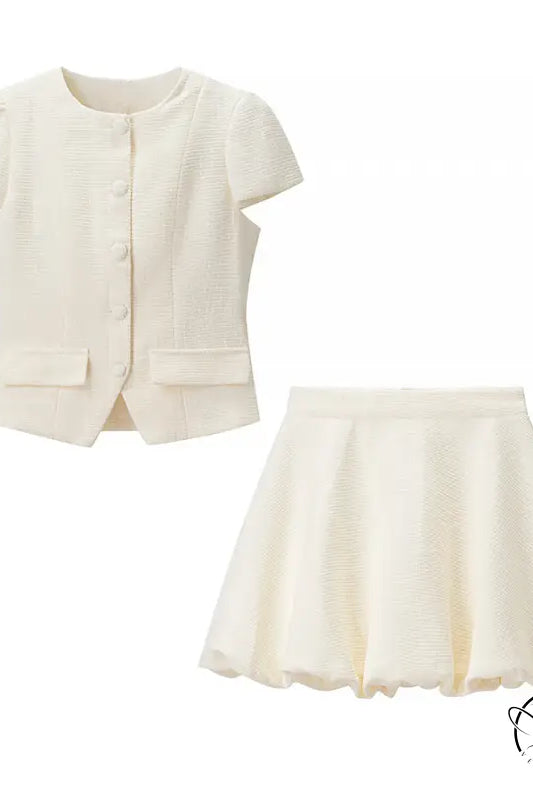 Enchanting short sleeve bud top skirt two piece suit in cream