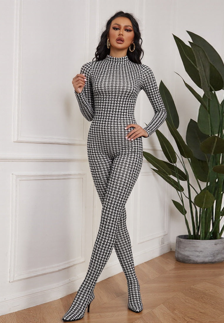 Langry black white houndstooth high neck jumpsuit with booties
