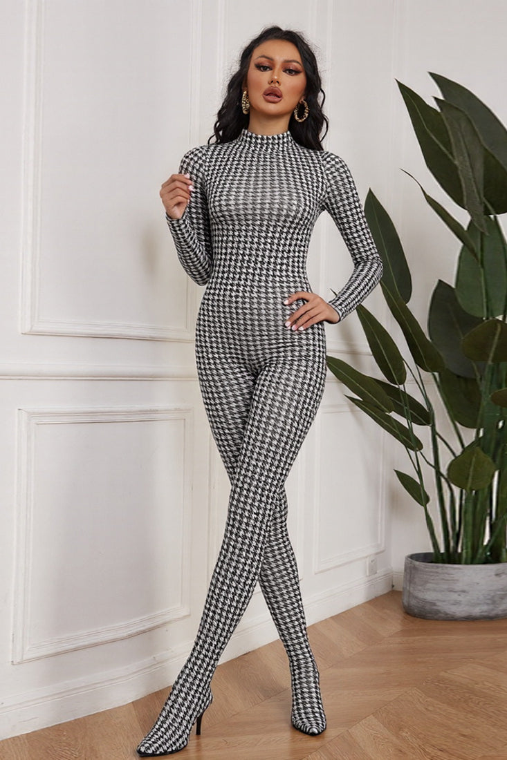 Langry black white houndstooth high neck jumpsuit with booties
