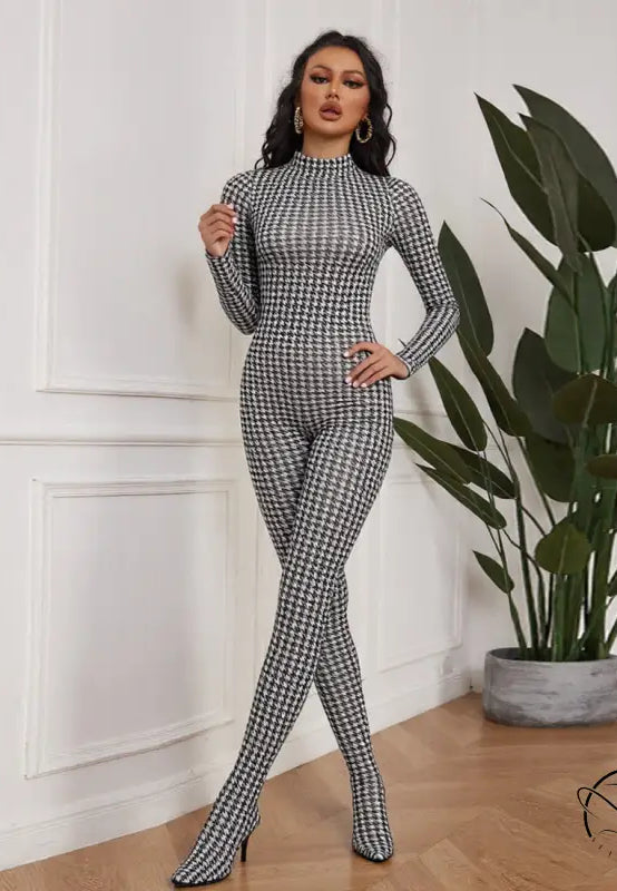 Langry fashion houndstooth jumpsuit with high neckline and booties