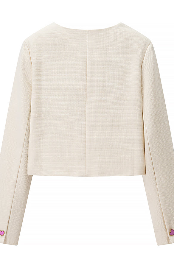 Langry cream-colored cropped blazer with heart buttons and sheen, classic fashion coat