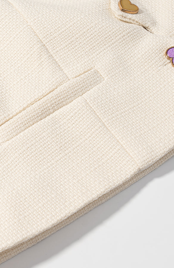 Cream-colored textured Langry fashion blazer with heart buttons and pockets