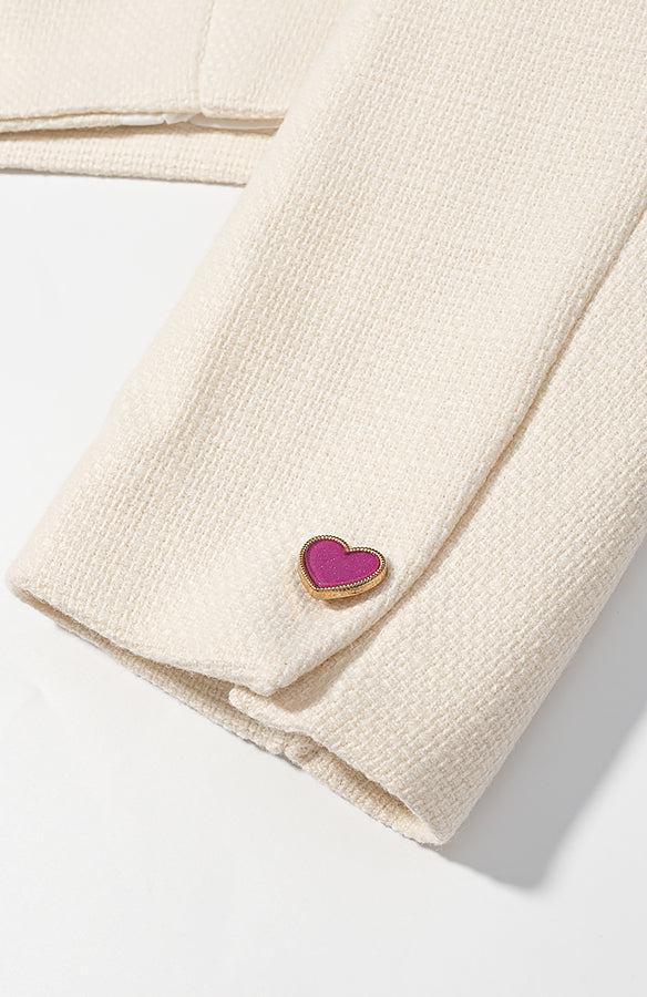 Pink cream textured Langry fashion short coat with heart-shaped gold buttons