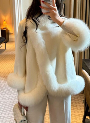 Langry fashion white faux fur woolen jacket with oversized cuffs and collar for warmth