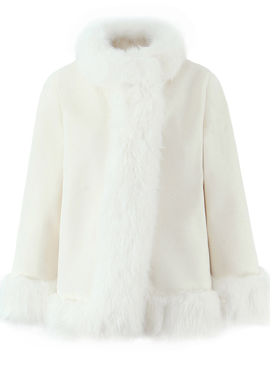 Langry fashion cream faux fur woolen jacket with high collar and cuffs