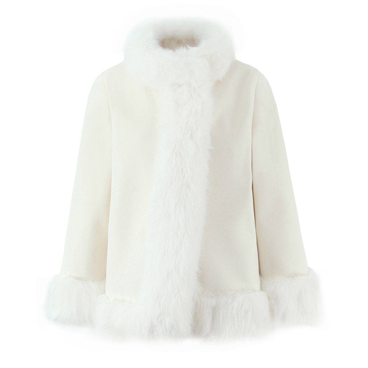 Langry fashion cream faux fur woolen jacket with high collar and cuffs