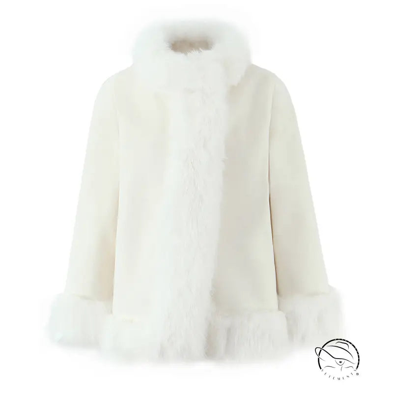 Langry fashion cream faux fur woolen jacket with high collar and cuffs
