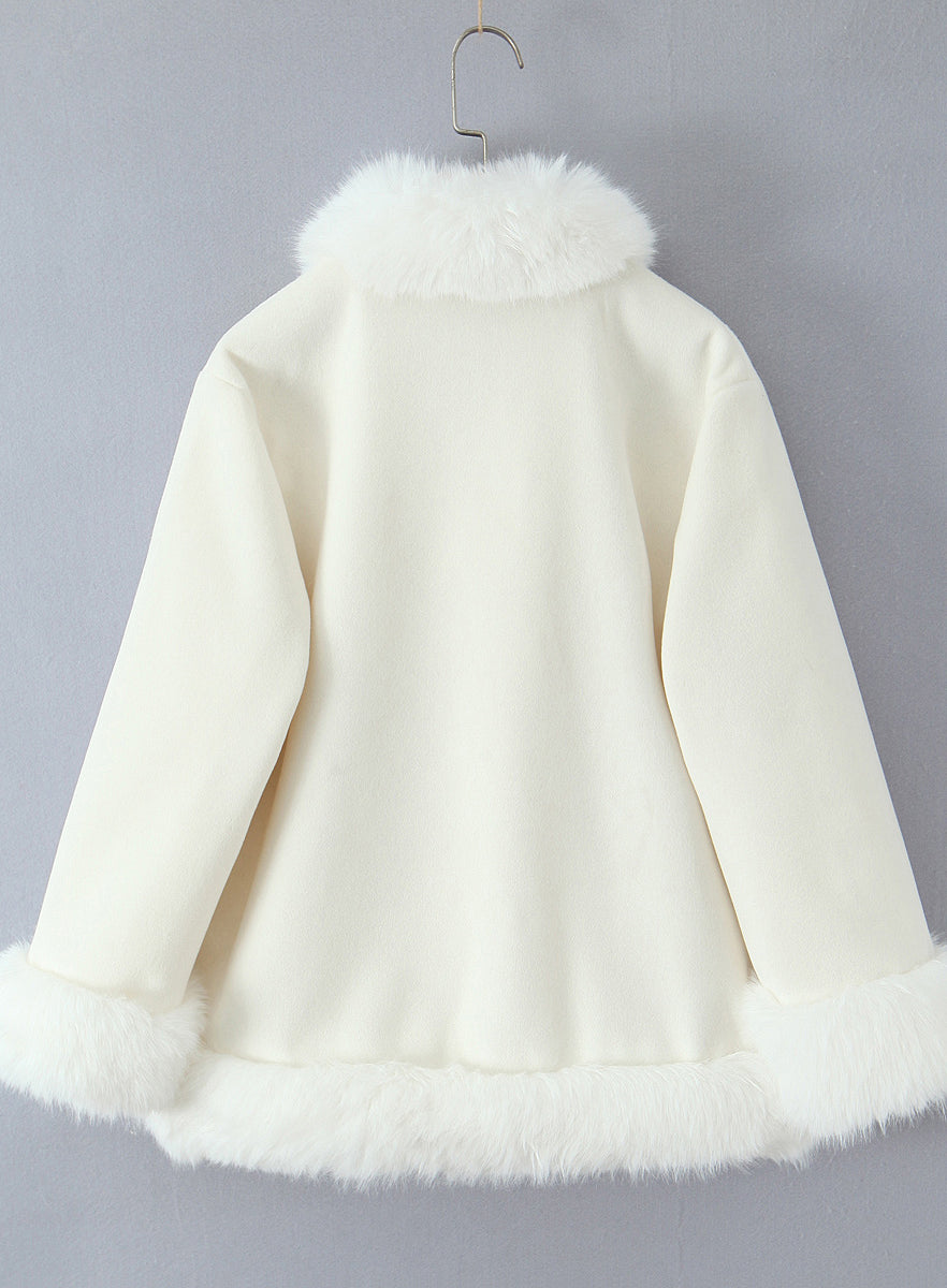 Elegant Langry cream faux fur hooded fashion jacket