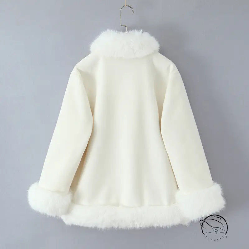 Elegant cream-colored faux fur hooded jacket in langry fashion style