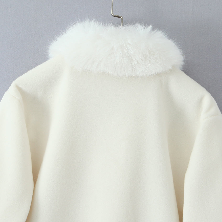 Elegant Langry fashion cream fur-trimmed hooded woolen jacket