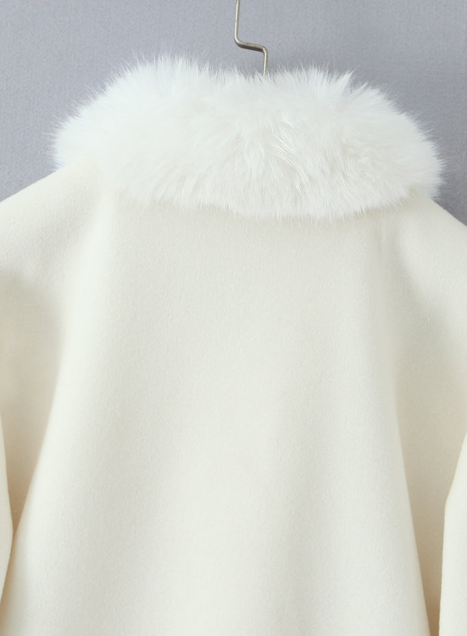 Elegant Langry fashion cream fur-trimmed hooded woolen jacket