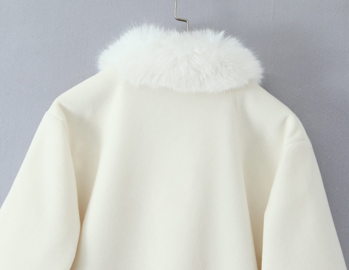 Elegant Langry fashion cream fur-trimmed hooded woolen jacket