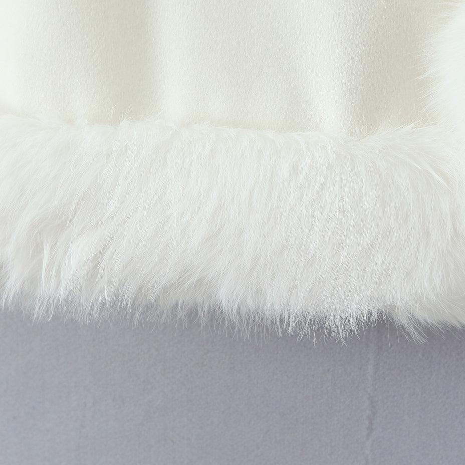 Elegant white fluffy faux fur scarf on Langry fashion woolen jacket