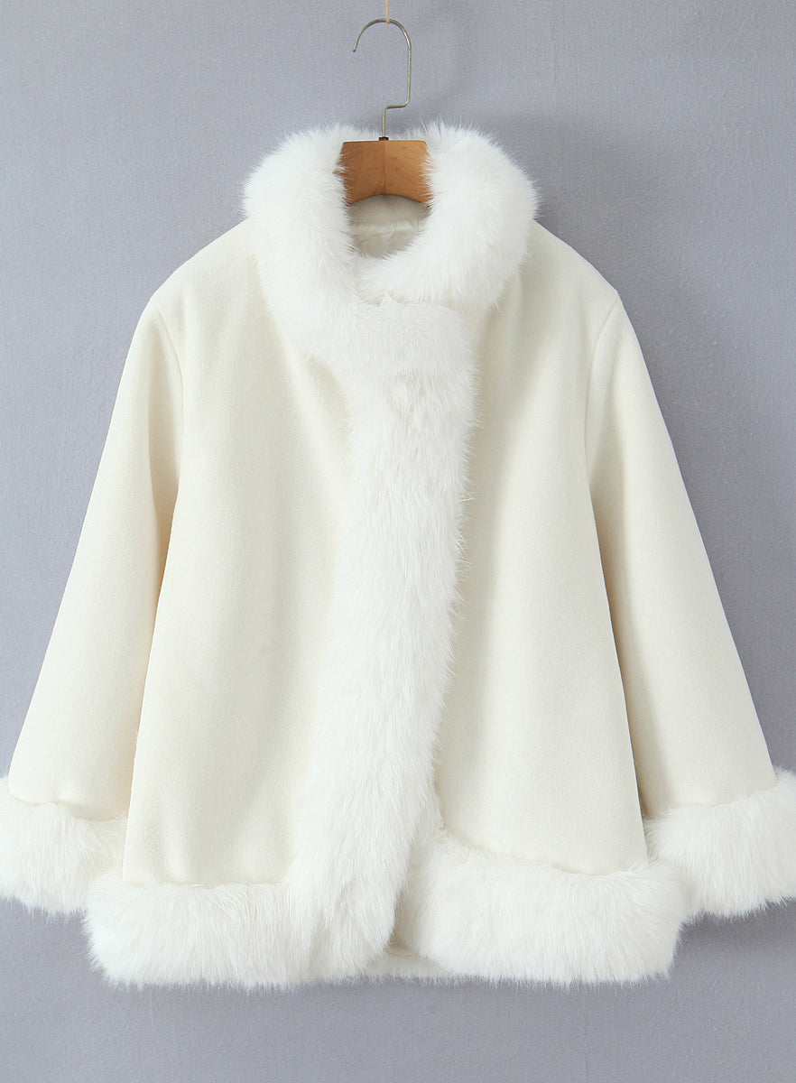 Langry fashion cream faux fur coat with high collar and cuffs