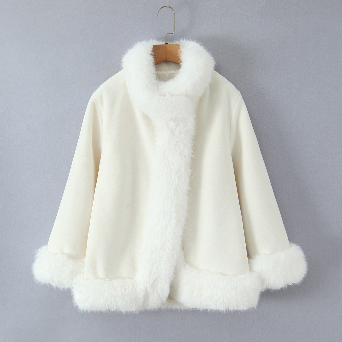 Langry fashion cream faux fur coat with high collar and cuffs