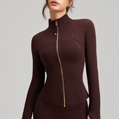 Brown long sleeve zip-up bodysuit with high neckline and finger stalls