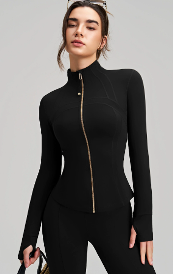 Black long-sleeve zip-up bodysuit with gold zipper for langry fashion