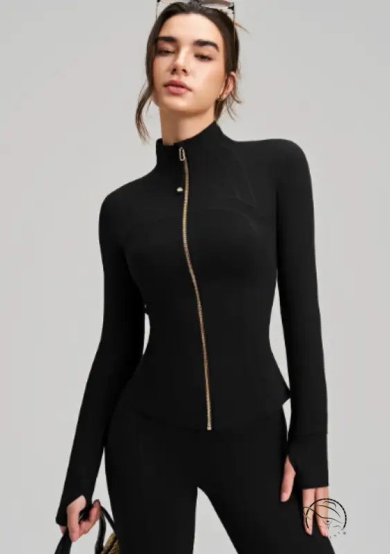 Black zip-up long sleeve bodysuit with gold zipper detail