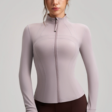 Long sleeve lavender yoga jacket with finger stall and stand collar
