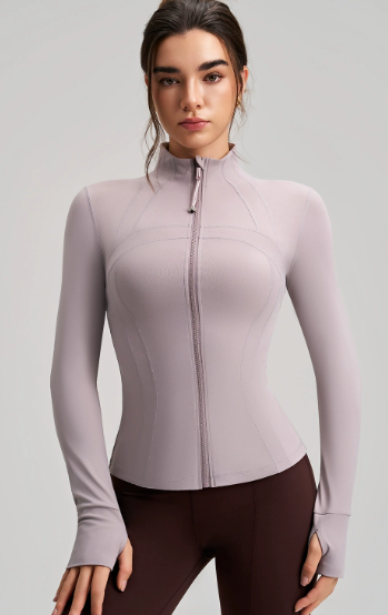 Long sleeve lavender yoga jacket with finger stall and stand collar