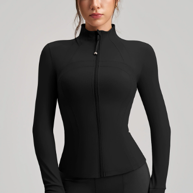 Black long sleeve peplum zip-up yoga jacket with finger stalls