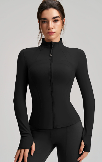 Black long sleeve peplum zip-up yoga jacket with finger stalls