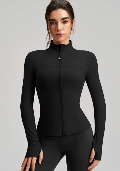 Black long sleeve peplum zip-up yoga jacket with finger stalls