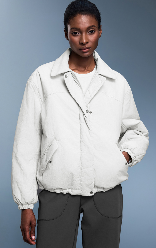 Langry fashion white puffer jacket with high collar and button closure