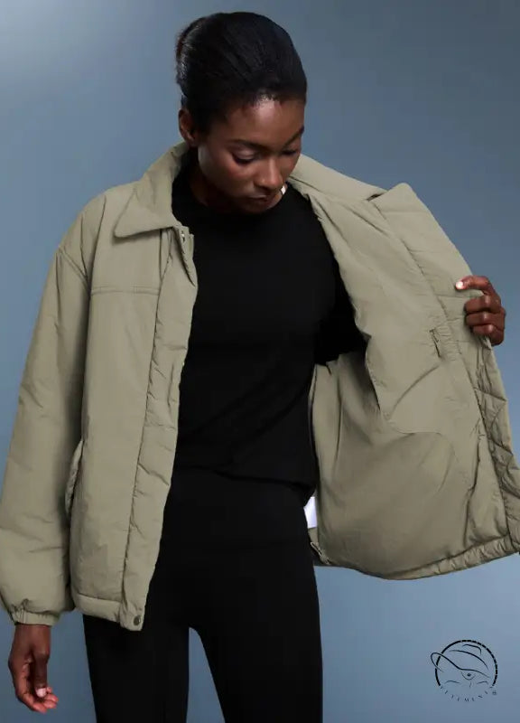 Langry olive green puffer jacket, quilted fashion coat with elastic hem