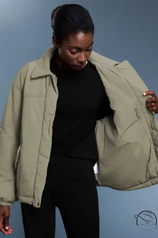 Langry olive green puffer jacket, quilted fashion coat with elastic hem