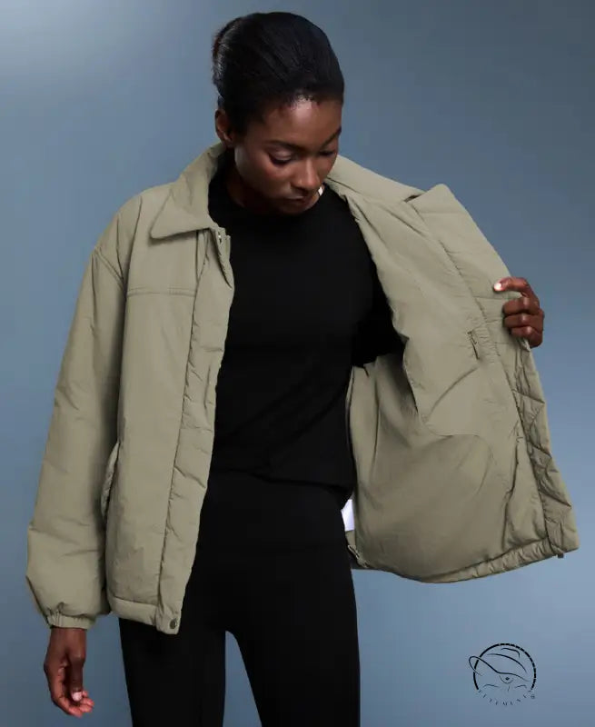 Langry olive green puffer jacket, quilted fashion coat with elastic hem