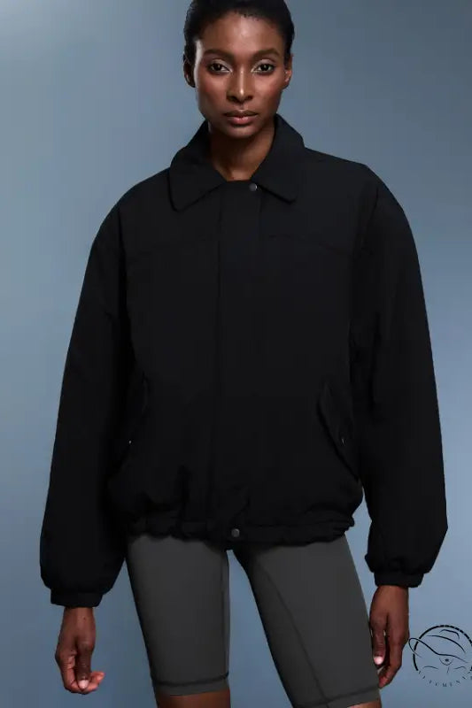 Langry black bomber jacket with high collar, elastic cuffs, waterproof cotton padded fashion coat