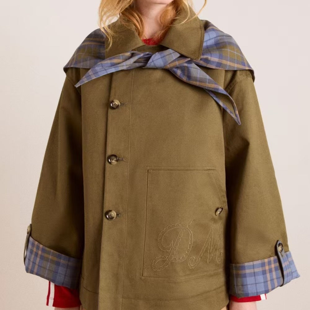 Olive green plaid Langry fashion coat with hood and button closure