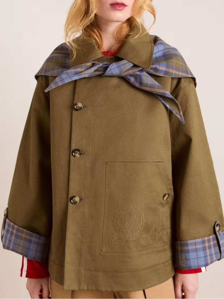 Olive green plaid Langry fashion coat with hood and button closure