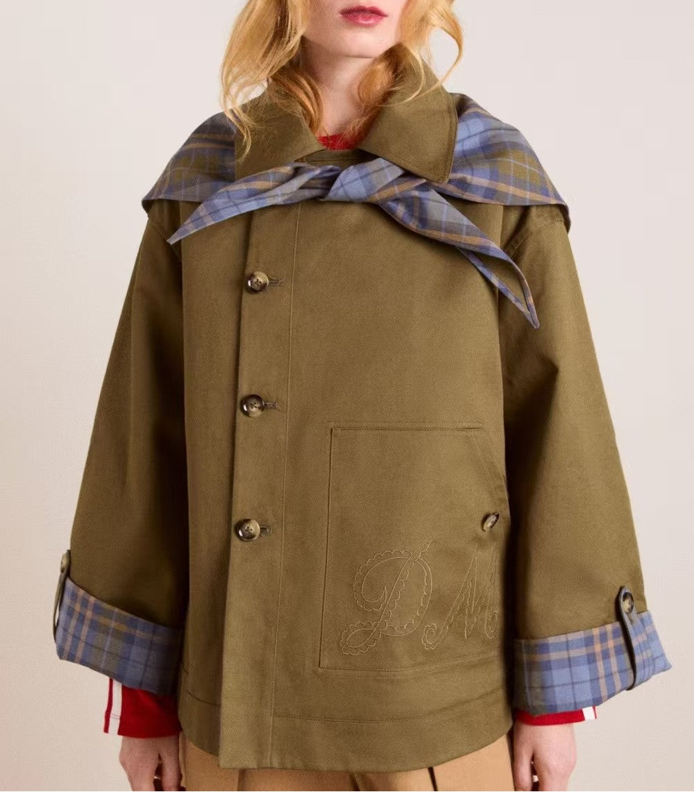 Olive green plaid Langry fashion coat with hood and button closure
