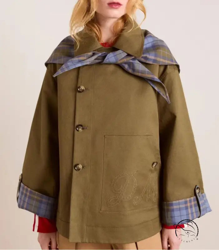 Olive green plaid trim hooded coat with button closure, langry fashion ملابس