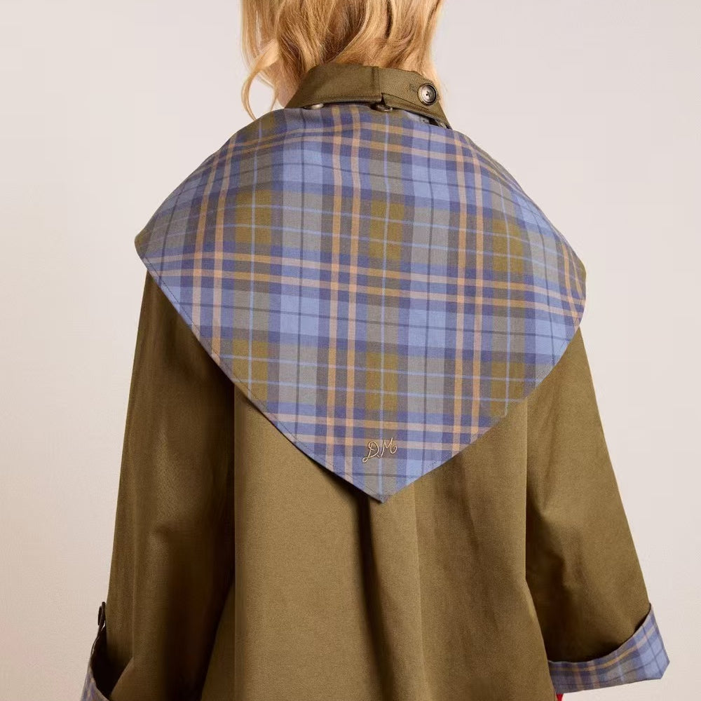 Casual retro Langry plaid fashion coat with olive green and blue accents