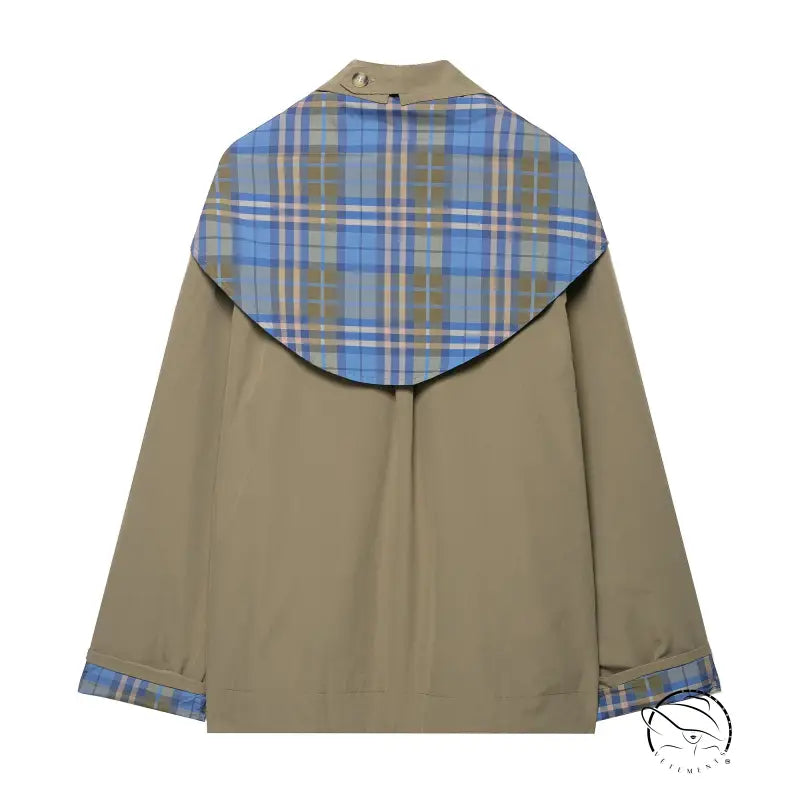 Tan Burberry raincoat with plaid lining, hood, and Englon fashion scarf coat