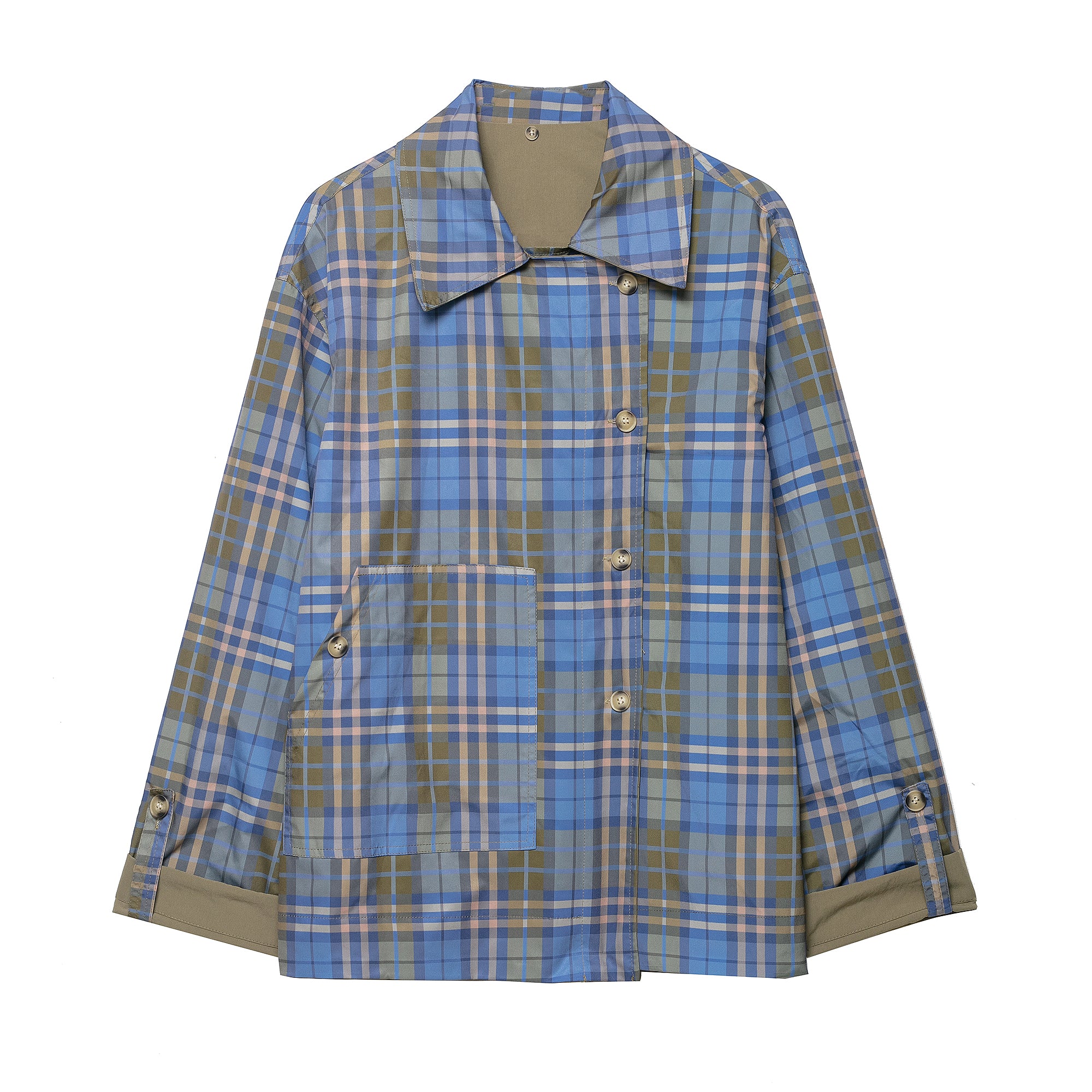 Casual retro Langry fashion plaid double-sided collared coat in beige and blue
