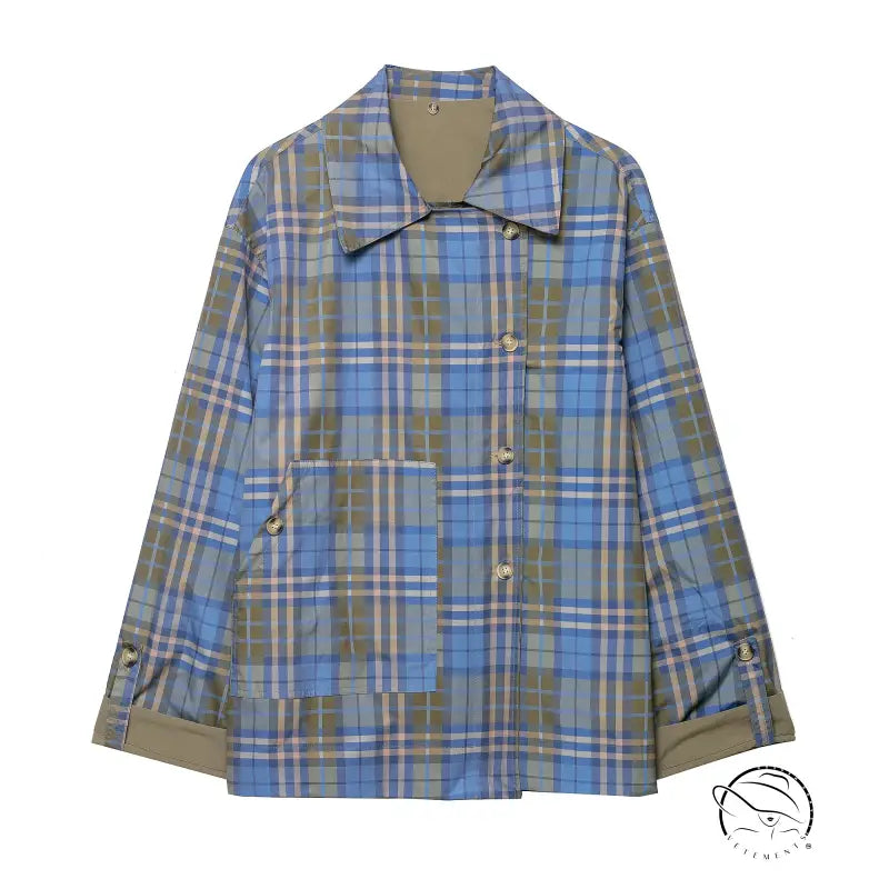 Casual retro Englon plaid coat in beige and blue, fashion ملابس