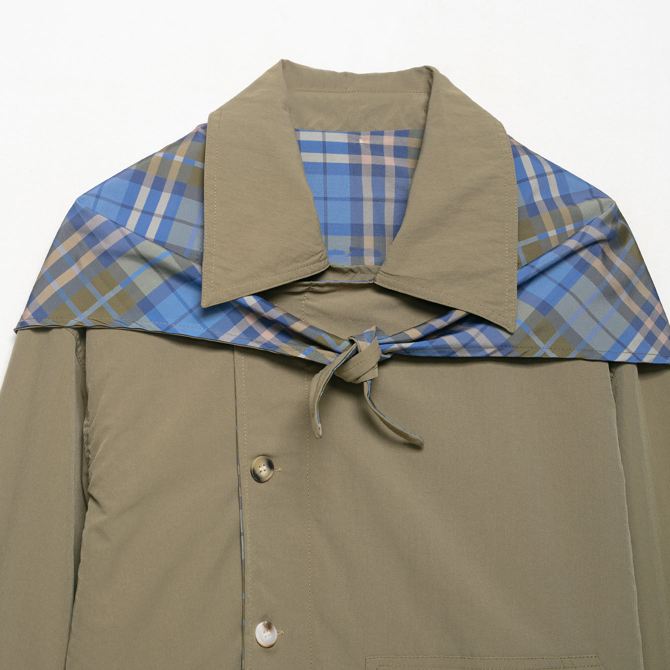 Beige Langry fashion trench coat with plaid lining and drawstring hood